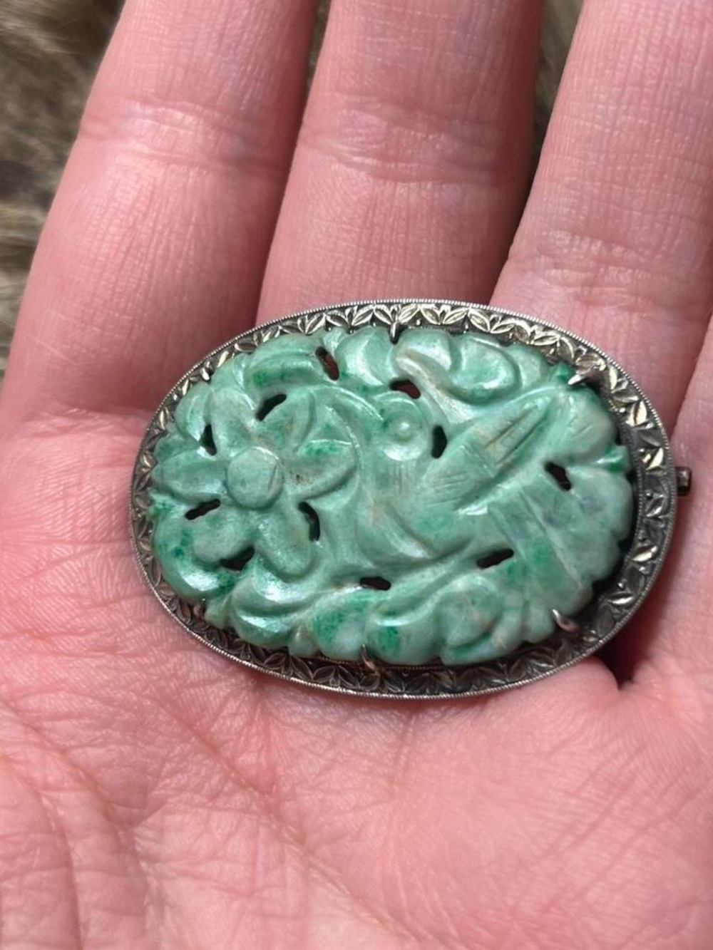 Art deco sterling Chinese jadeite export bird and flower brooch